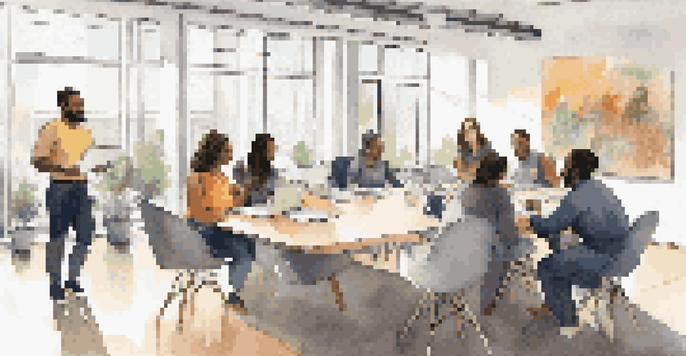 A diverse group of employees at a conference table, collaborating in a bright office.