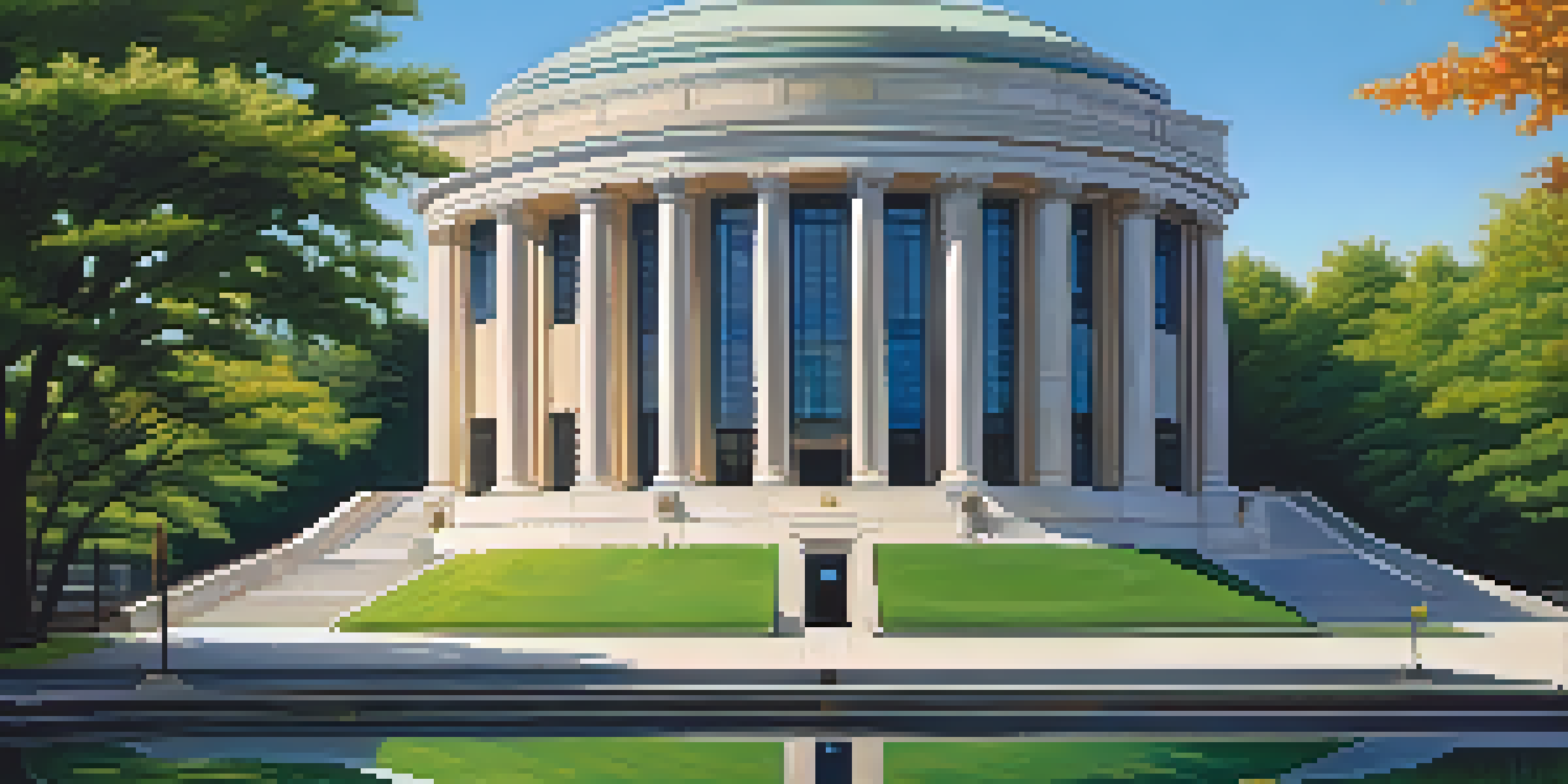 A modern central bank building surrounded by greenery and a reflecting pond under a blue sky.