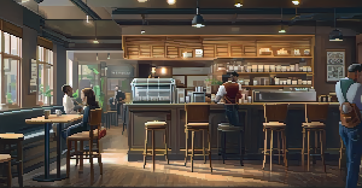 A cozy coffee shop with wooden furniture, soft lighting, and people enjoying their time.