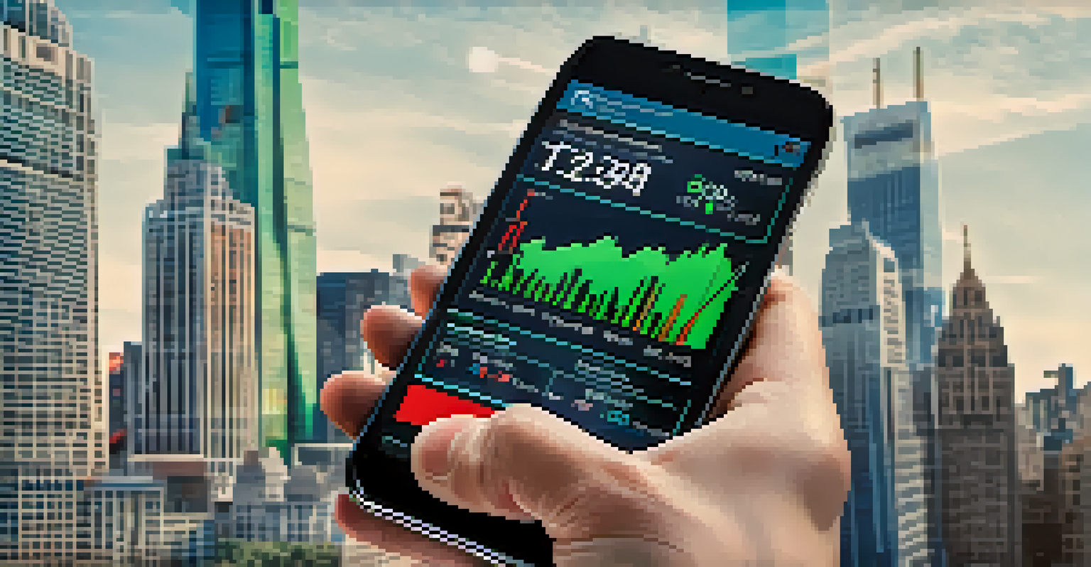 A hand holding a smartphone with stock market data, set against a blurred cityscape, illustrating the connection between technology and finance.