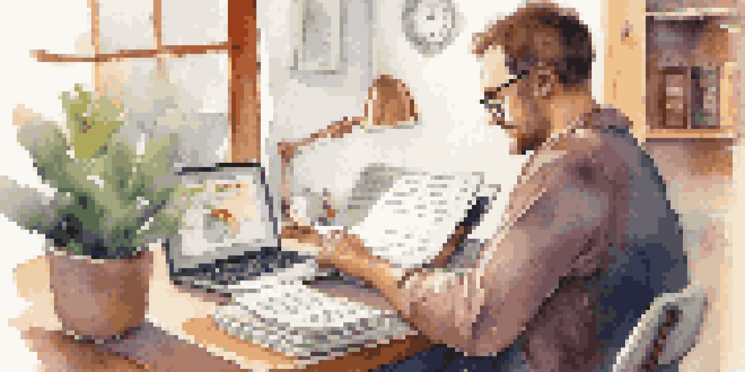 A person examining their credit report on a laptop in a cozy workspace, with a notepad, pen, coffee cup, and a plant nearby.