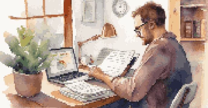 A person examining their credit report on a laptop in a cozy workspace, with a notepad, pen, coffee cup, and a plant nearby.
