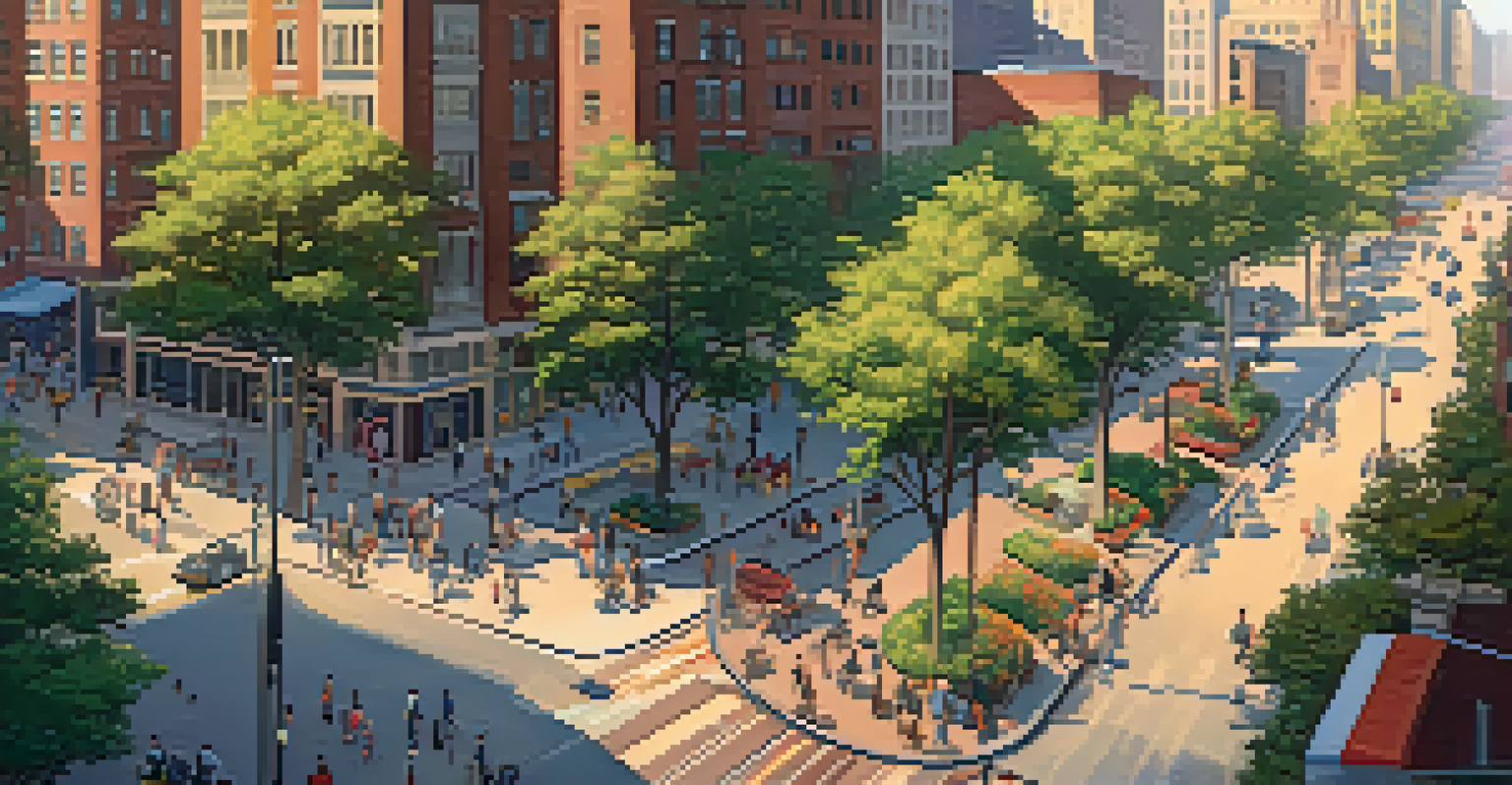 A bustling city center with modern skyscrapers, historic buildings, and people in the streets during sunset.