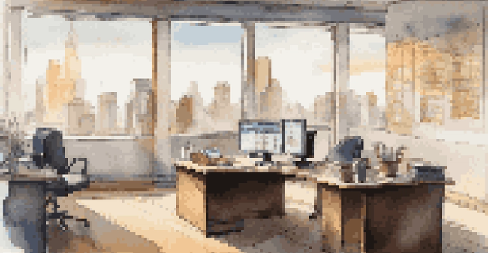 A modern office space with a city skyline view, cluttered with trading charts and a laptop, illuminated by natural light.