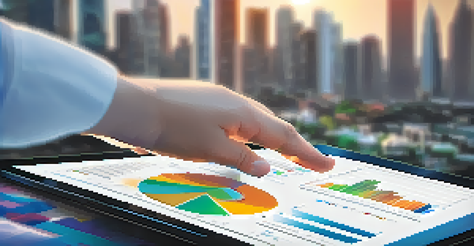 A close-up of hands analyzing investment charts on a tablet with a blurred cityscape in the background.