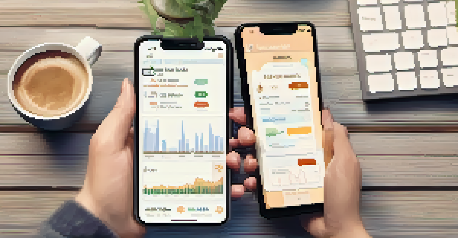 Hands holding a smartphone showing dividend stocks in a cozy home office.