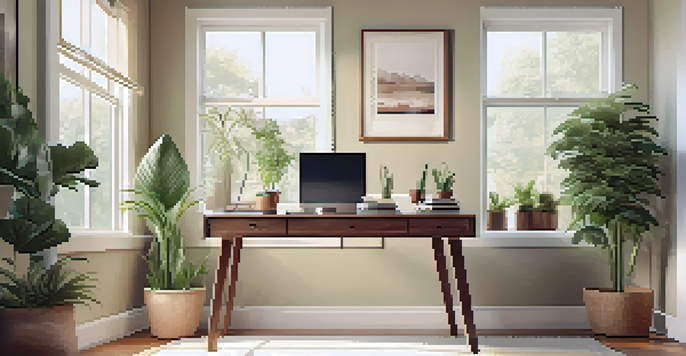 A peaceful home office with a wooden desk, laptop, and a potted plant, illuminated by soft natural light from a window.