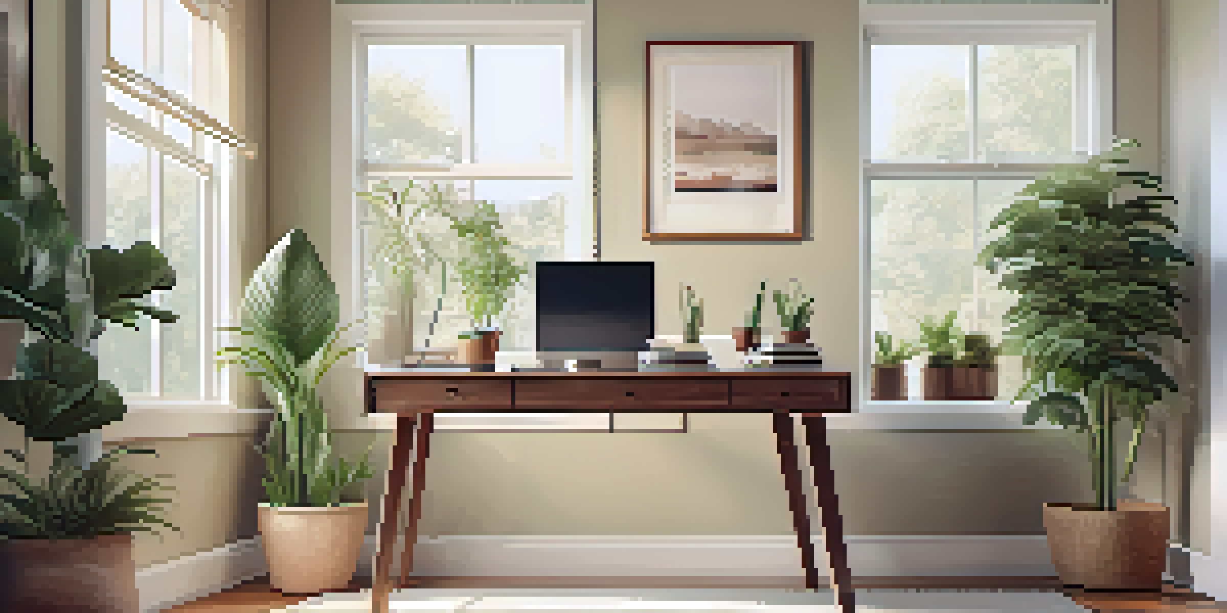 A peaceful home office with a wooden desk, laptop, and a potted plant, illuminated by soft natural light from a window.