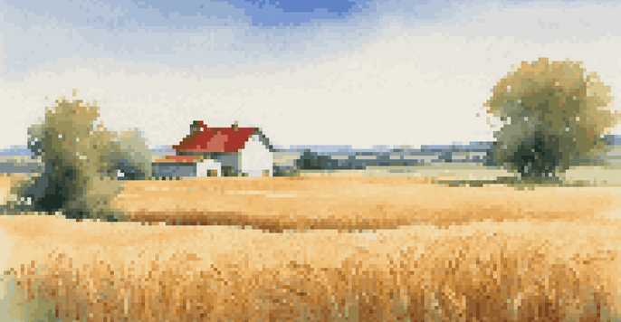 A peaceful scene of a golden wheat field with a red-roofed farmhouse in the distance under a clear blue sky.