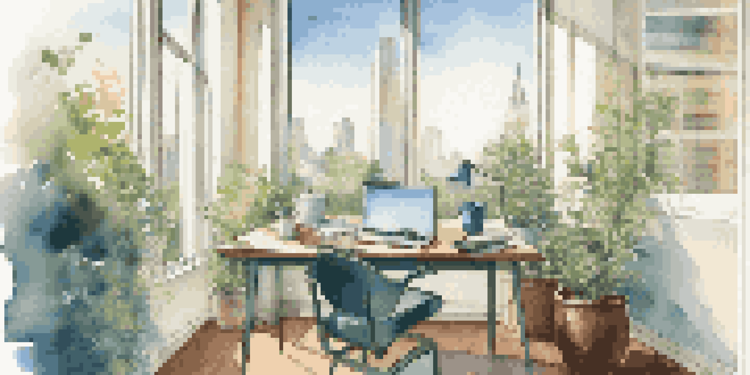 An office workspace with a laptop and financial documents, illuminated by sunlight coming through a large window overlooking a city.