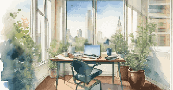 An office workspace with a laptop and financial documents, illuminated by sunlight coming through a large window overlooking a city.