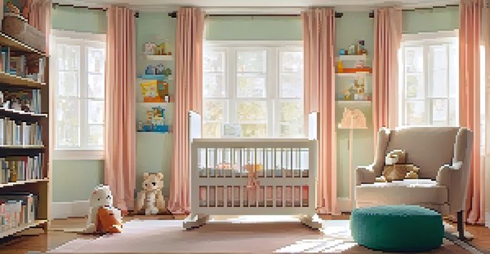 A warm and inviting nursery room with a crib, rocking chair, and children's books, illuminated by natural light.
