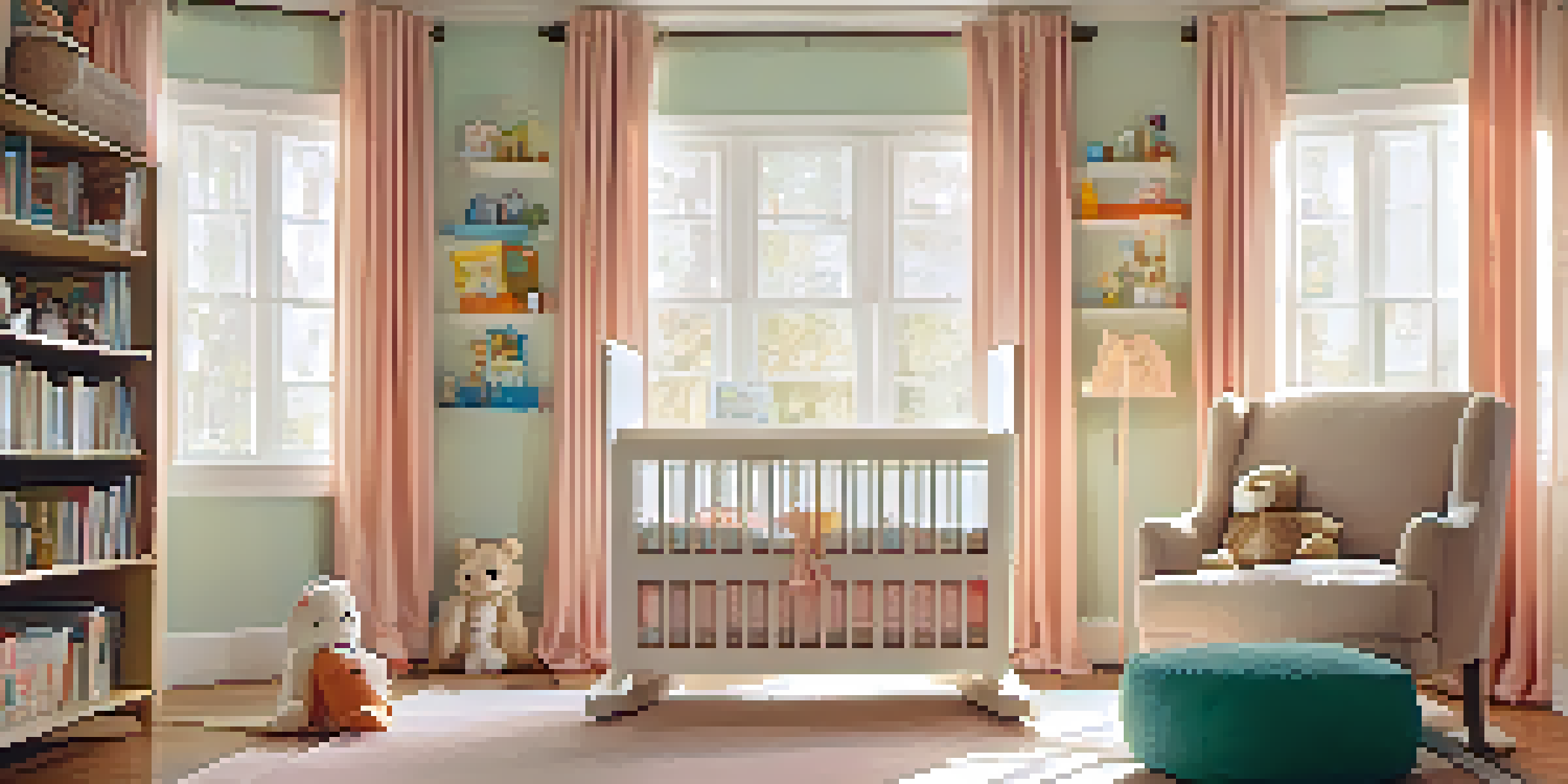 A warm and inviting nursery room with a crib, rocking chair, and children's books, illuminated by natural light.