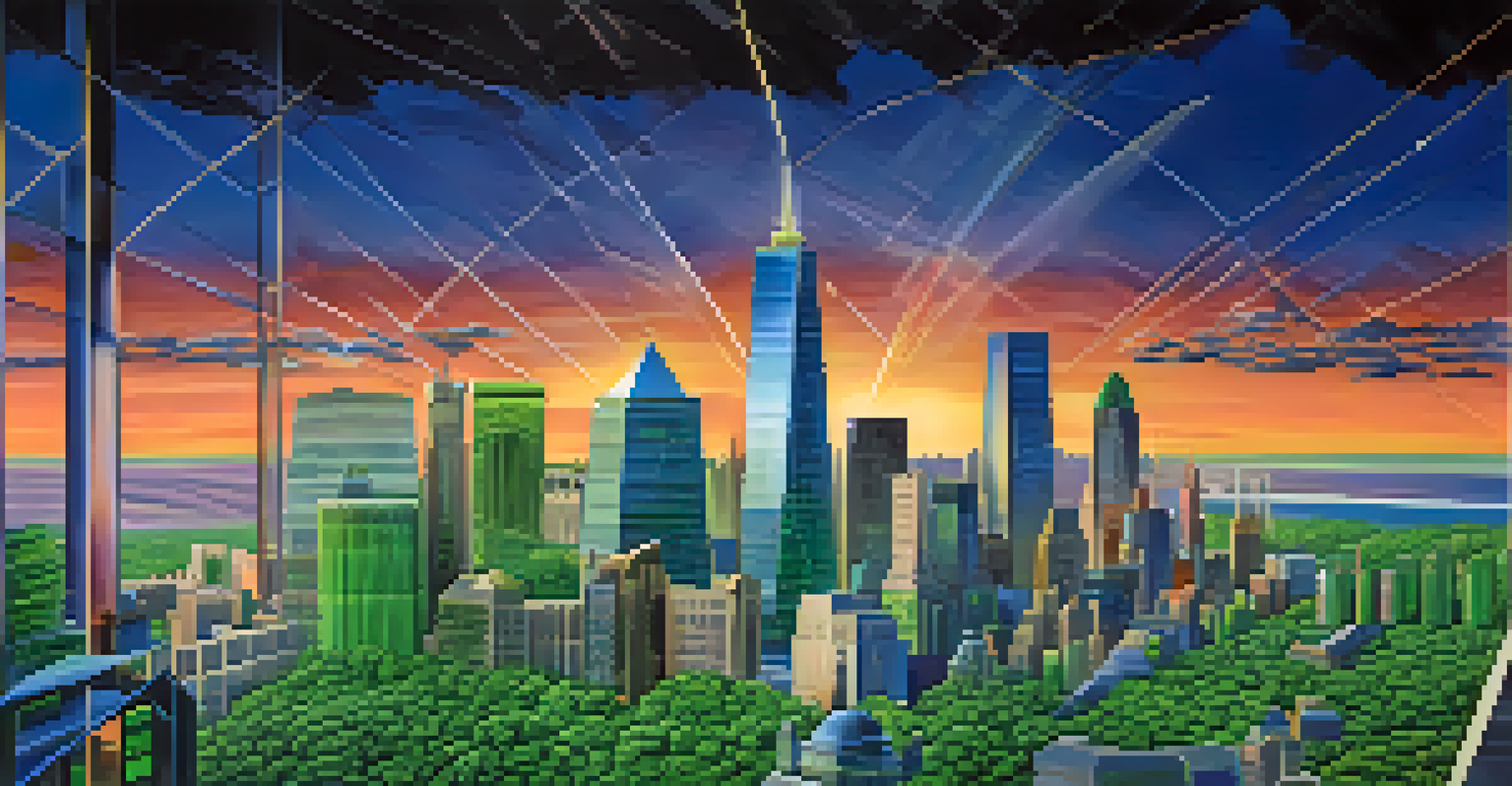 A vibrant city skyline illustrating the financial landscape, with elements of growth like arrows and graphs against a sunset sky.
