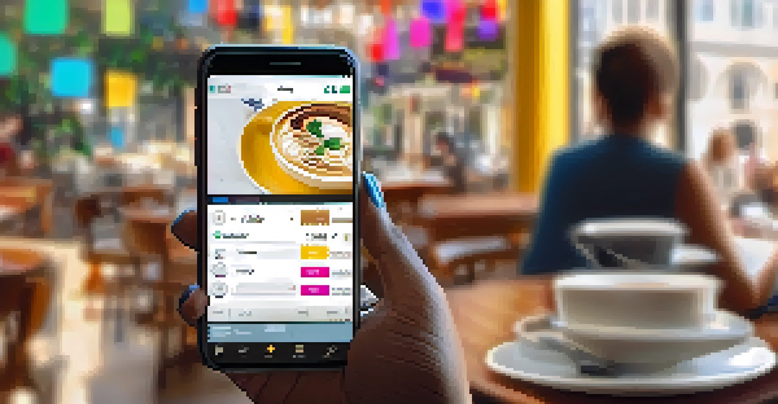 A person at a café using a smartphone app to track expenses, with colorful graphs displayed on the screen.