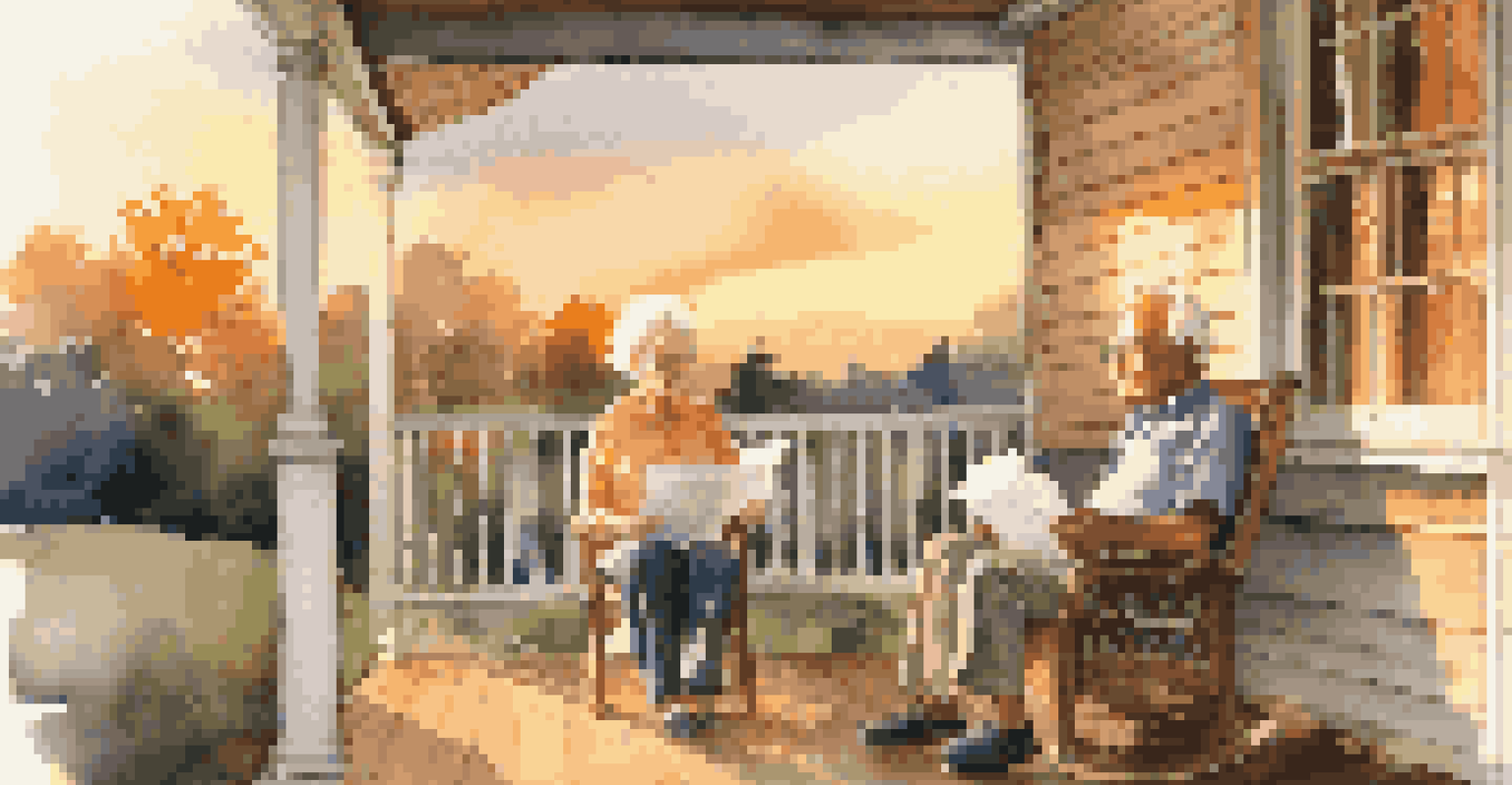 A retired couple on a porch reviewing financial documents together, with a warm sunset in the background, depicting financial security.