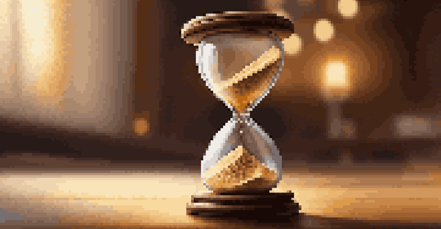 An hourglass filled with golden sand on a wooden table, representing time and patience in investing.