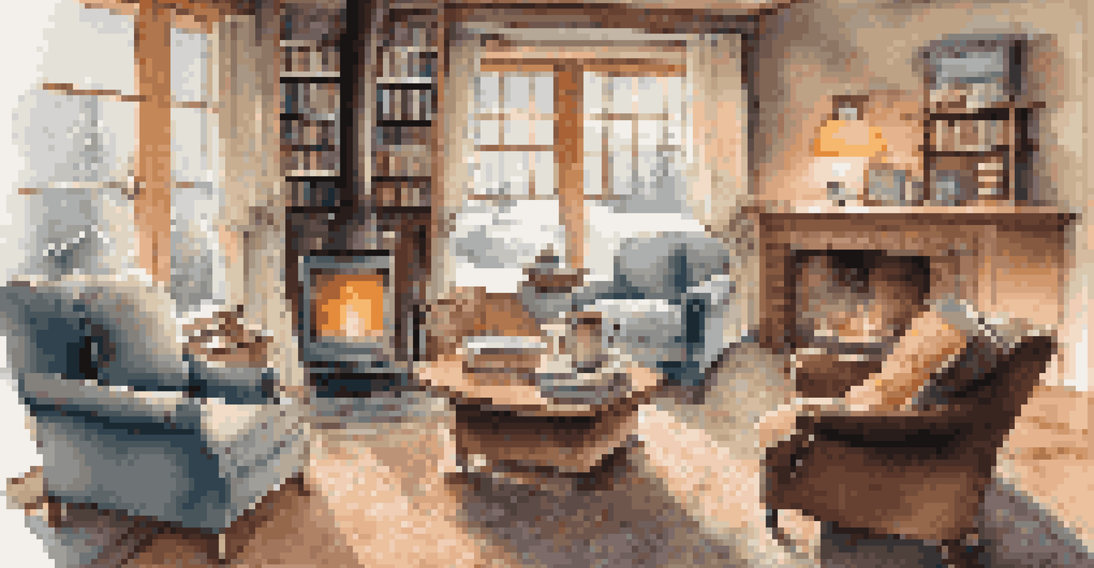 A warm indoor scene with a fireplace, comfortable chairs, and a view of snow outside, creating a cozy atmosphere.