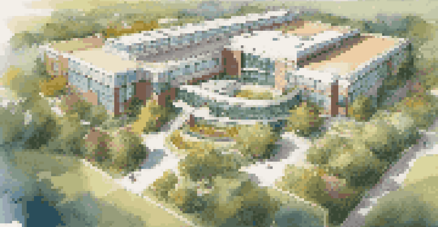 Aerial view of a modern healthcare facility surrounded by green spaces, showcasing bright architecture and warm sunlight.