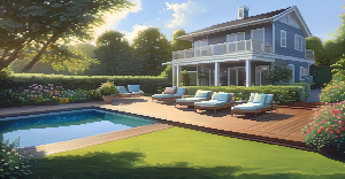 A modern residential property in a lush garden with flowers, warm evening light, and a wooden deck with outdoor furniture.