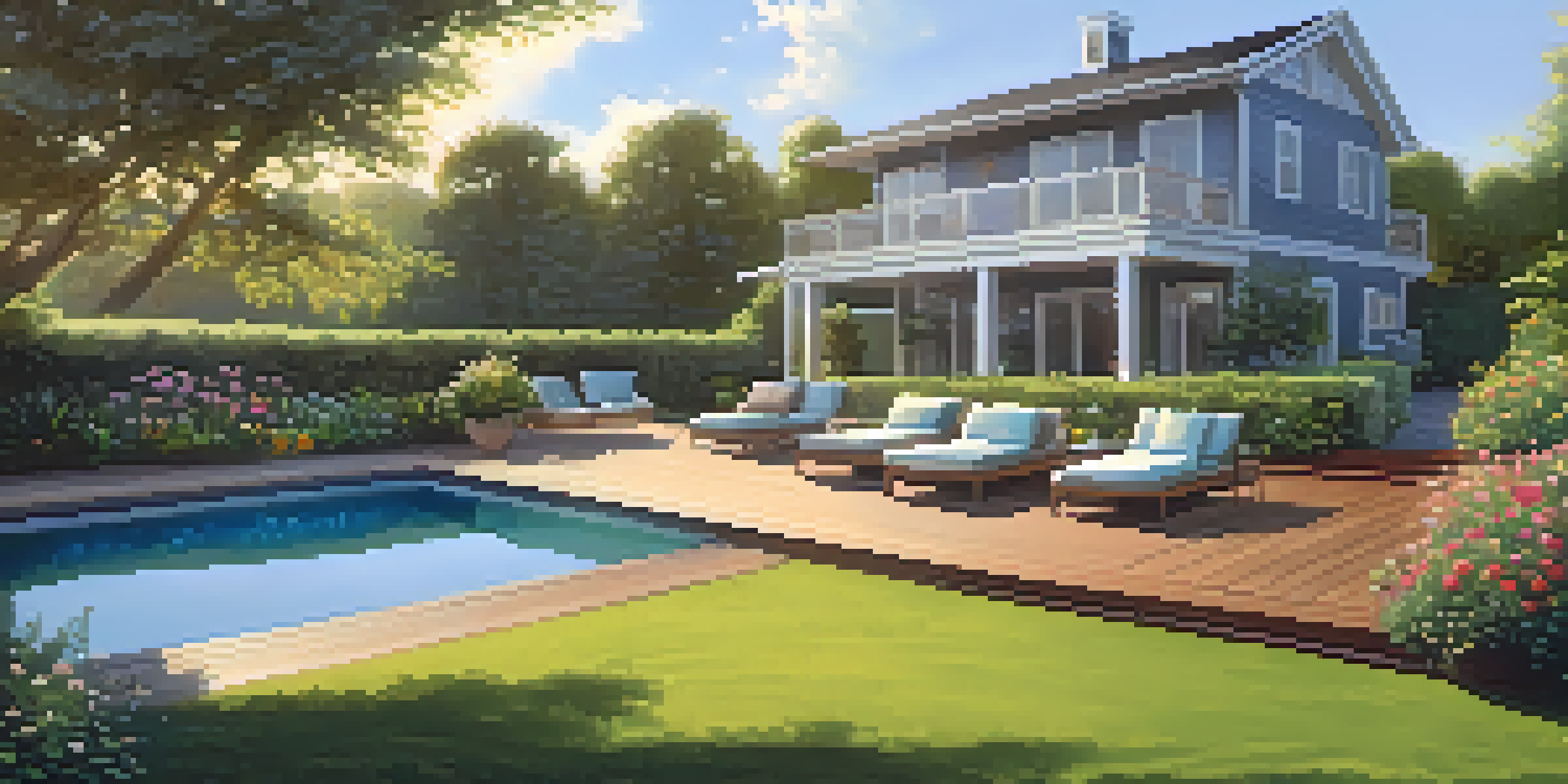 A modern residential property in a lush garden with flowers, warm evening light, and a wooden deck with outdoor furniture.