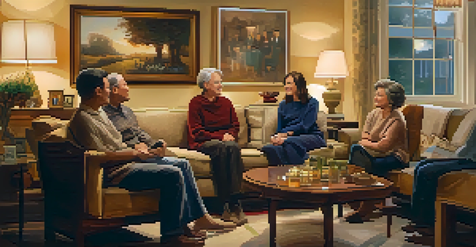 A warm family gathering in a living room, discussing legacy planning with smiles and thoughtful expressions.