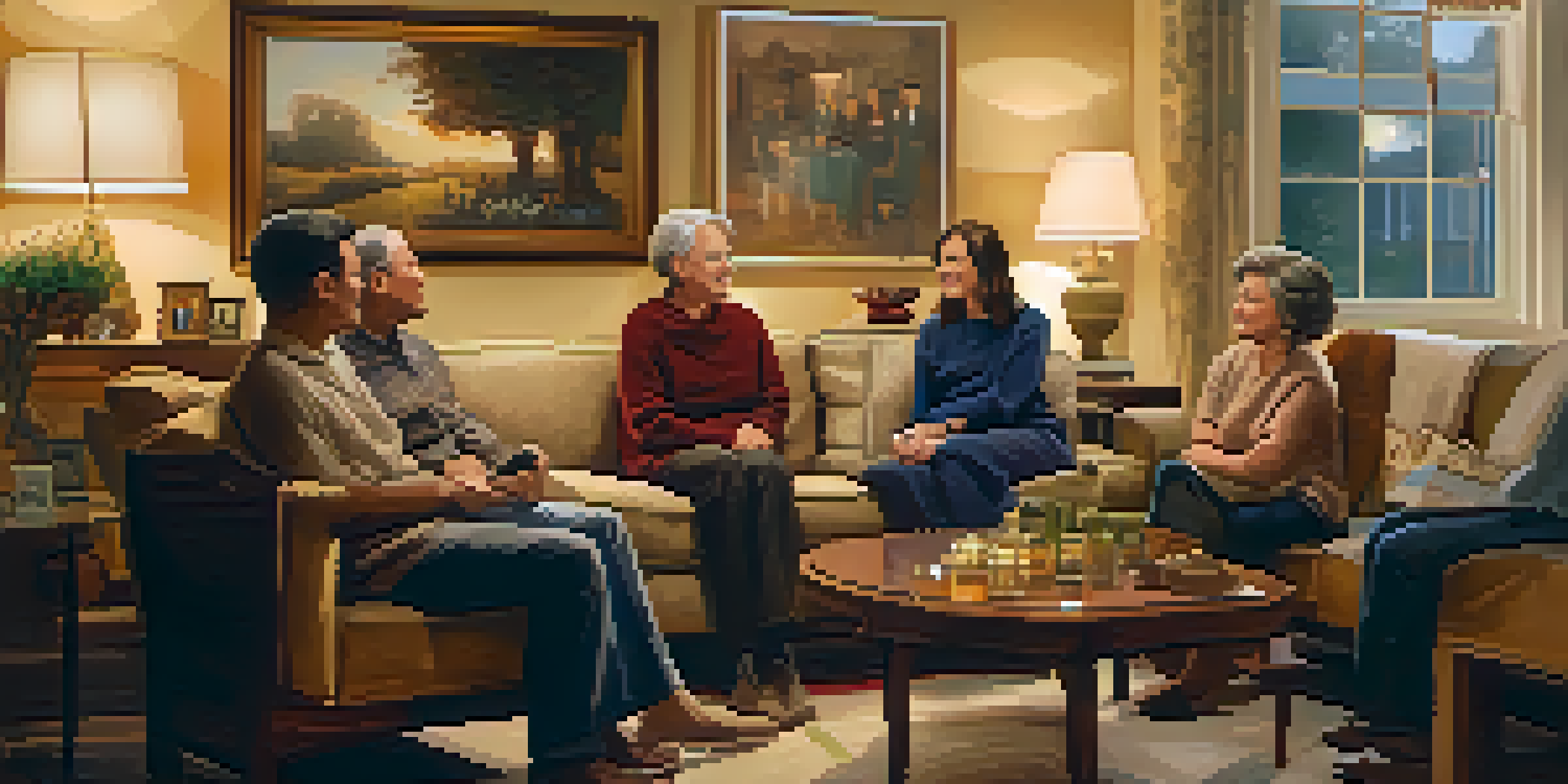 A warm family gathering in a living room, discussing legacy planning with smiles and thoughtful expressions.