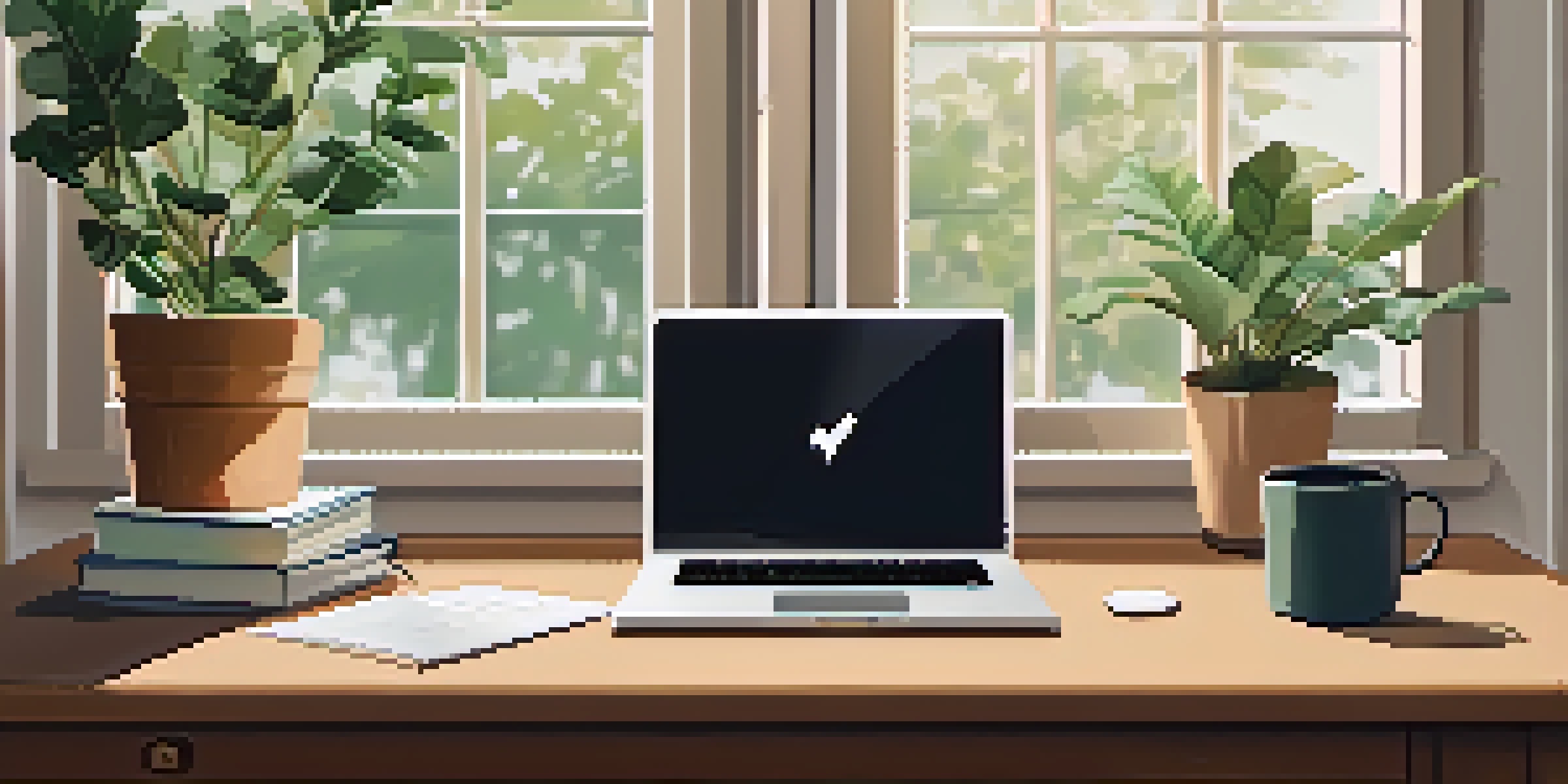 A peaceful home office with a wooden desk, laptop, notebooks, and plants, illuminated by soft natural light.