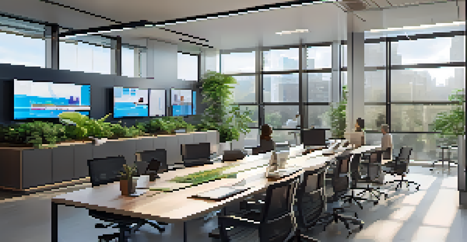 A modern office setting with diverse investors discussing stock trends around a large table, illuminated by natural light.