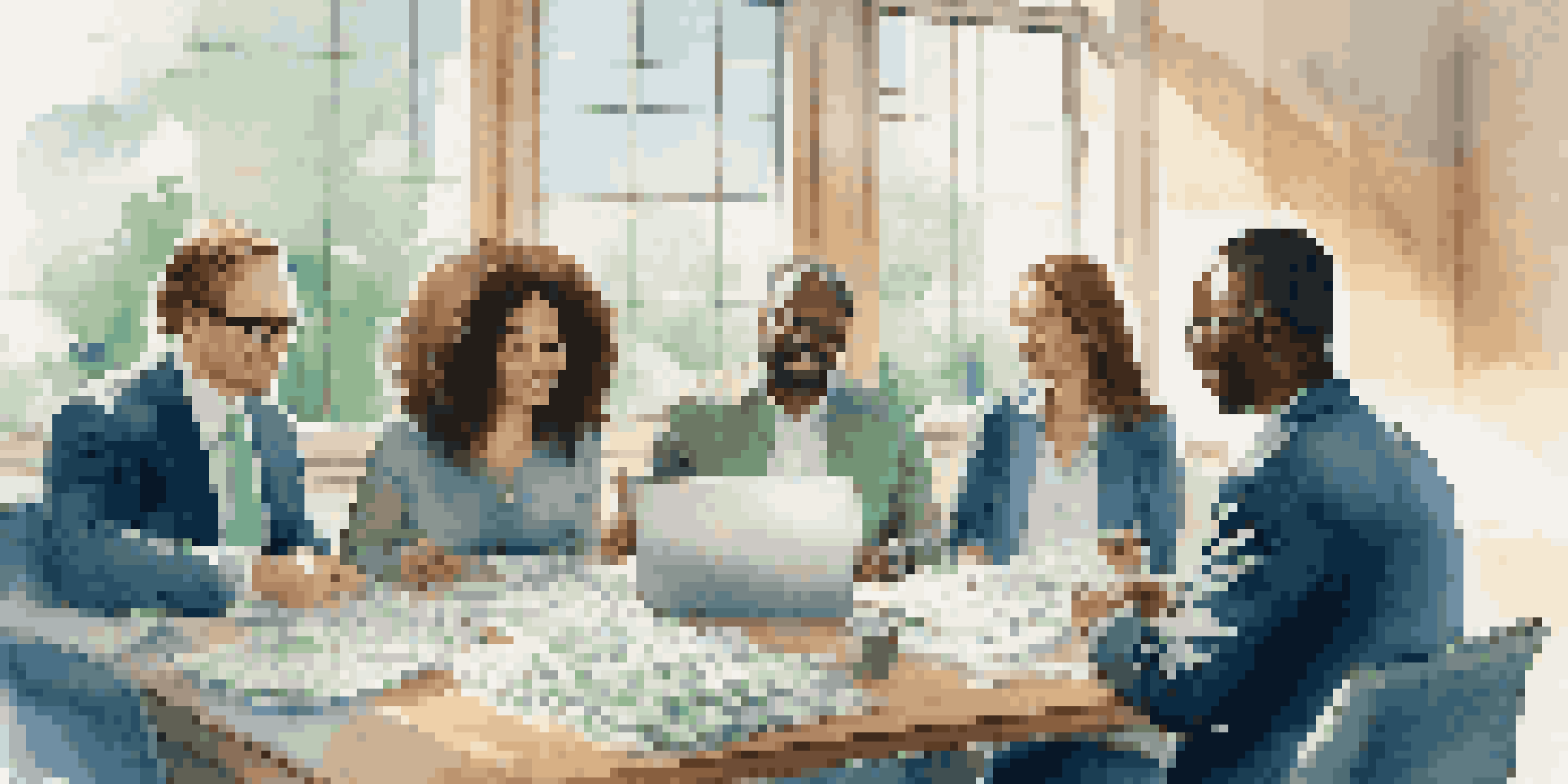 A diverse group of investors discussing index funds in a modern office, with financial documents and laptops on the table.