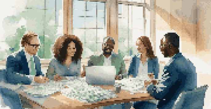 A diverse group of investors discussing index funds in a modern office, with financial documents and laptops on the table.