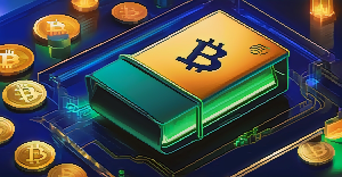 A metallic cold wallet device surrounded by glowing cryptocurrency symbols in a blue and green gradient background, emphasizing security.