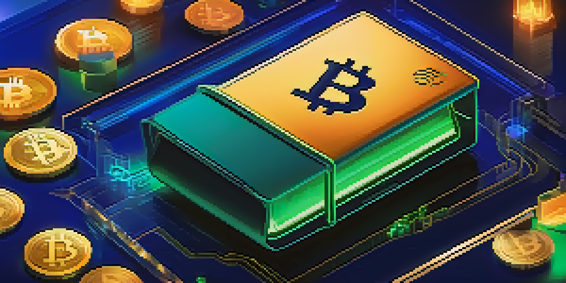 A metallic cold wallet device surrounded by glowing cryptocurrency symbols in a blue and green gradient background, emphasizing security.