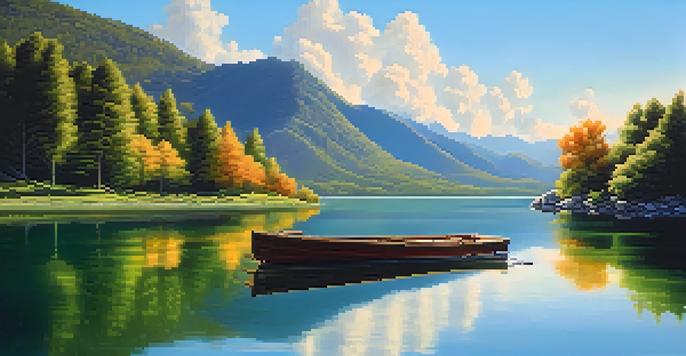 A peaceful lake scene with green mountains and a clear blue sky, reflecting sunlight.