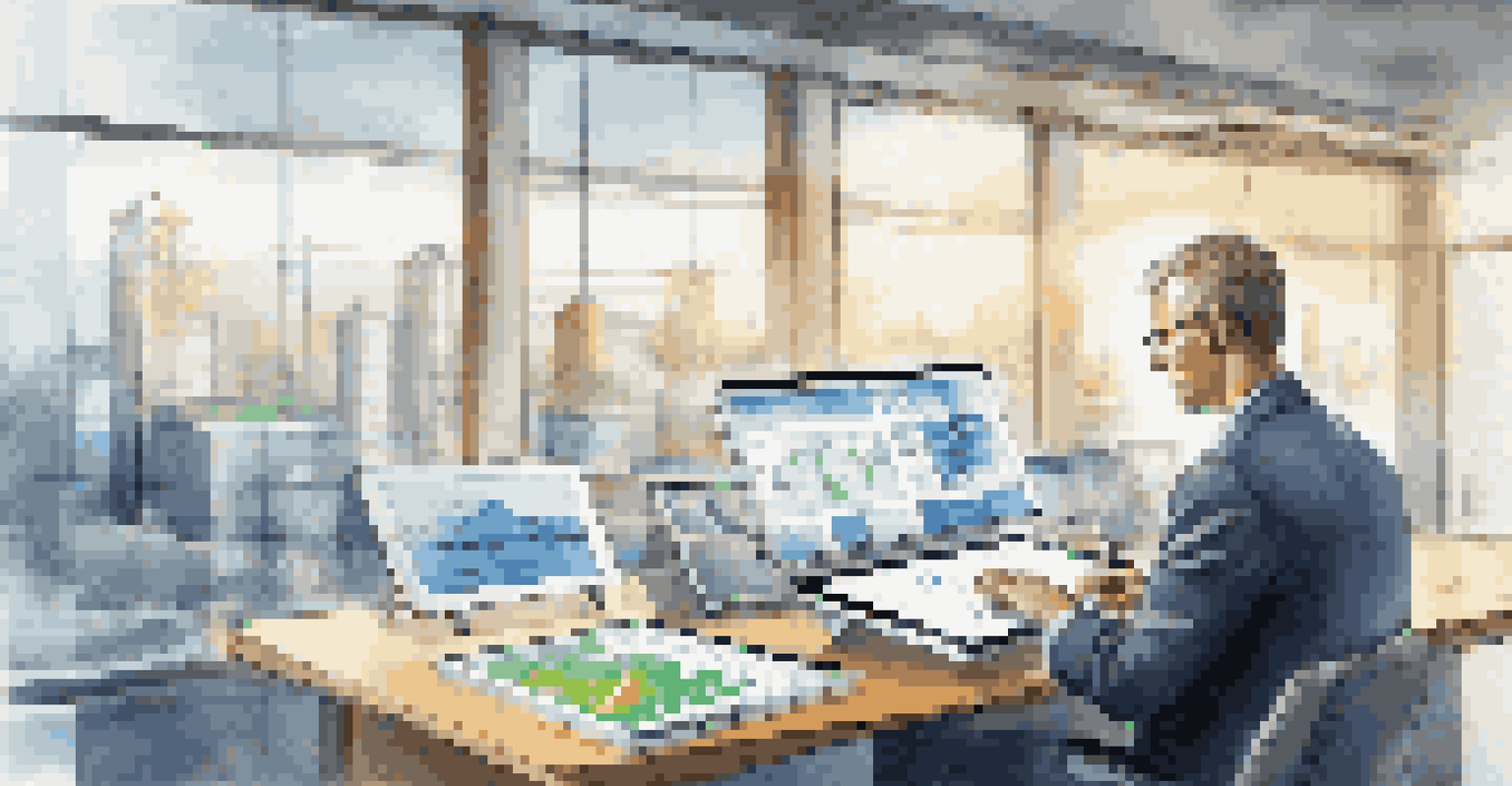 An investor using a digital tablet with images of renewable energy sources around them in a modern office.