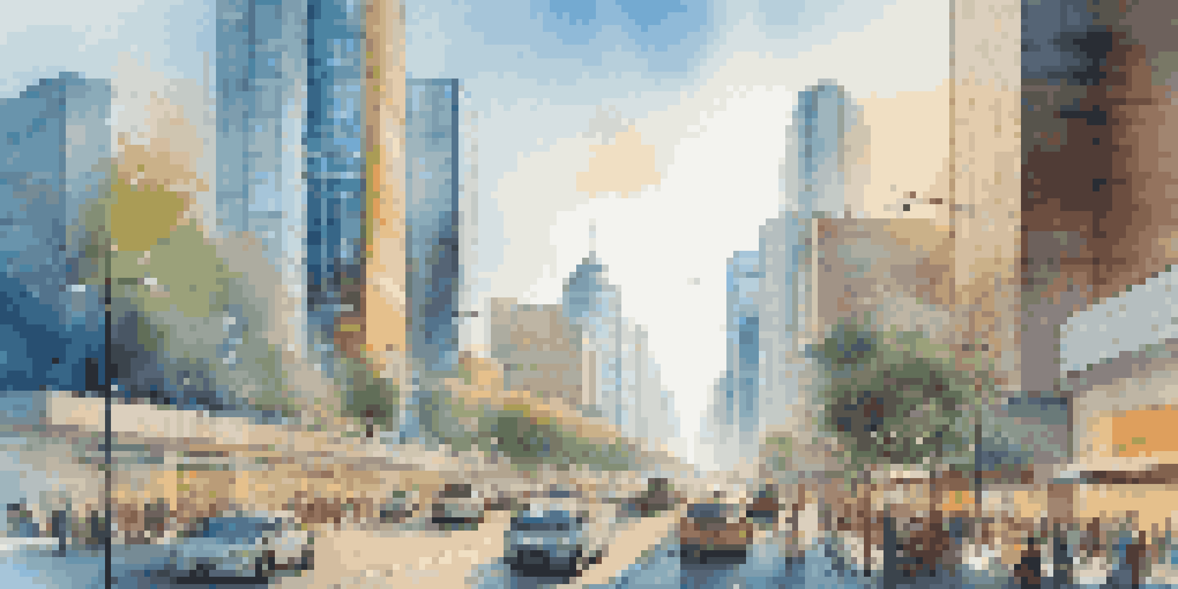 A modern smart city with solar panels on buildings, smart traffic lights, and people using digital devices under a clear blue sky.