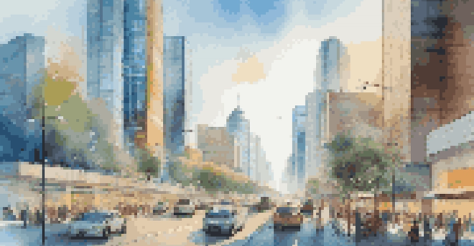 A modern smart city with solar panels on buildings, smart traffic lights, and people using digital devices under a clear blue sky.