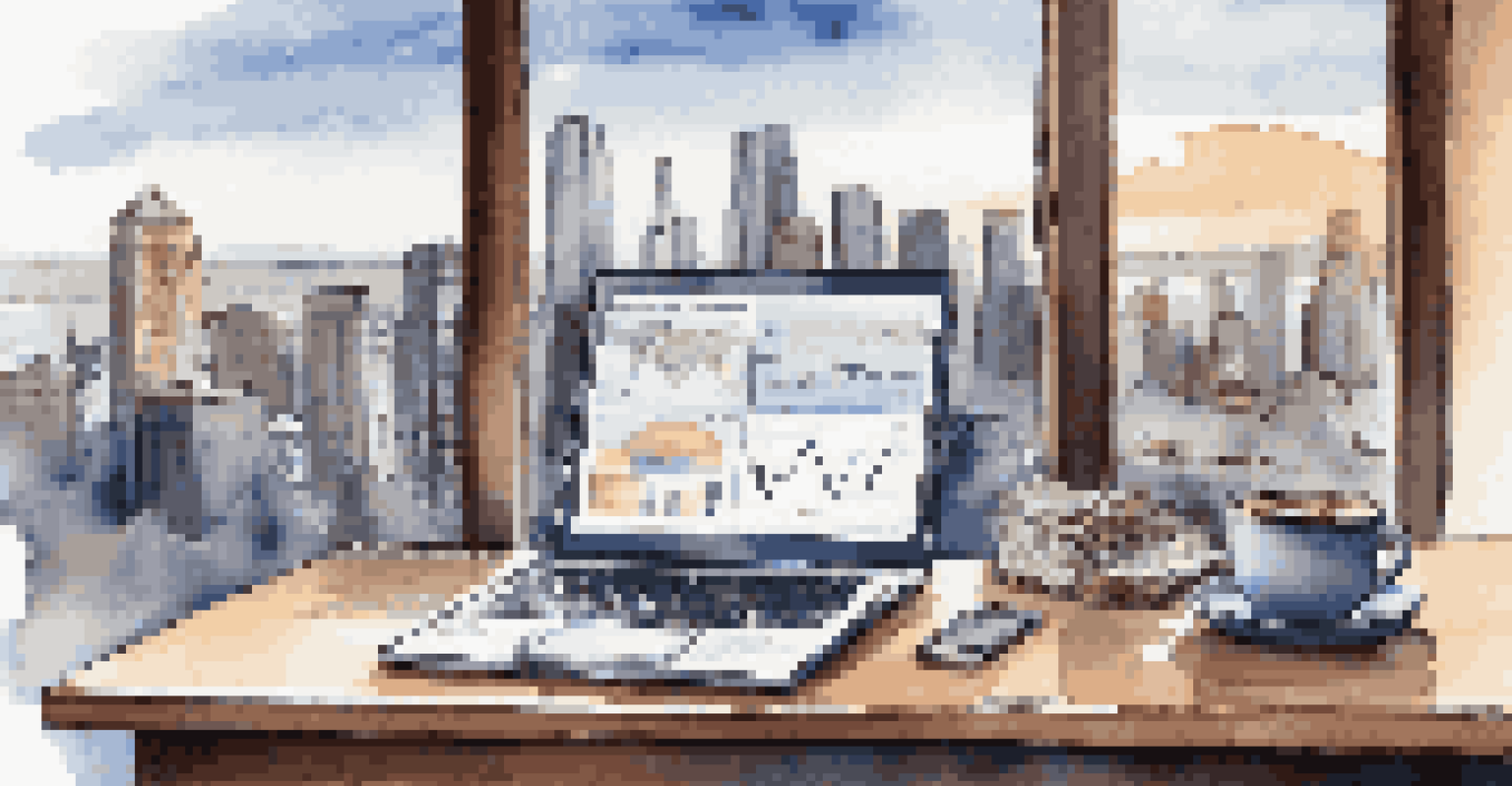 A financial analyst's desk with a laptop showing stock market graphs and a view of the city skyline through a window.