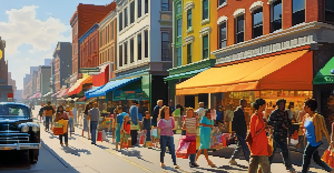 A lively city street with diverse people shopping, colorful storefronts, and a street musician, illuminated by warm sunlight.