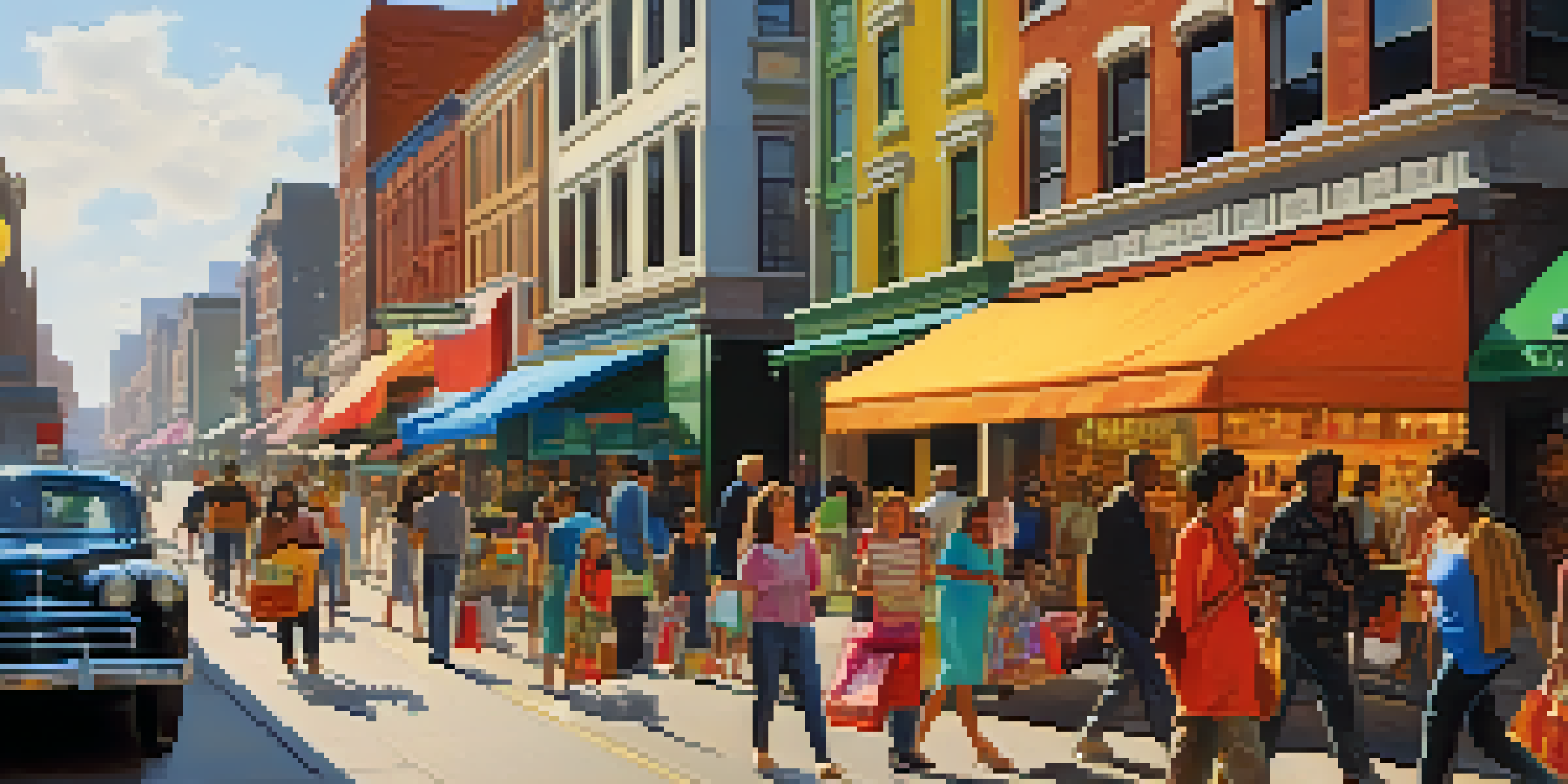 A lively city street with diverse people shopping, colorful storefronts, and a street musician, illuminated by warm sunlight.