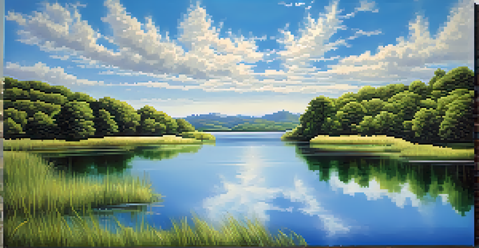 A peaceful lake surrounded by green hills and a blue sky with clouds, reflecting sunlight on the water.