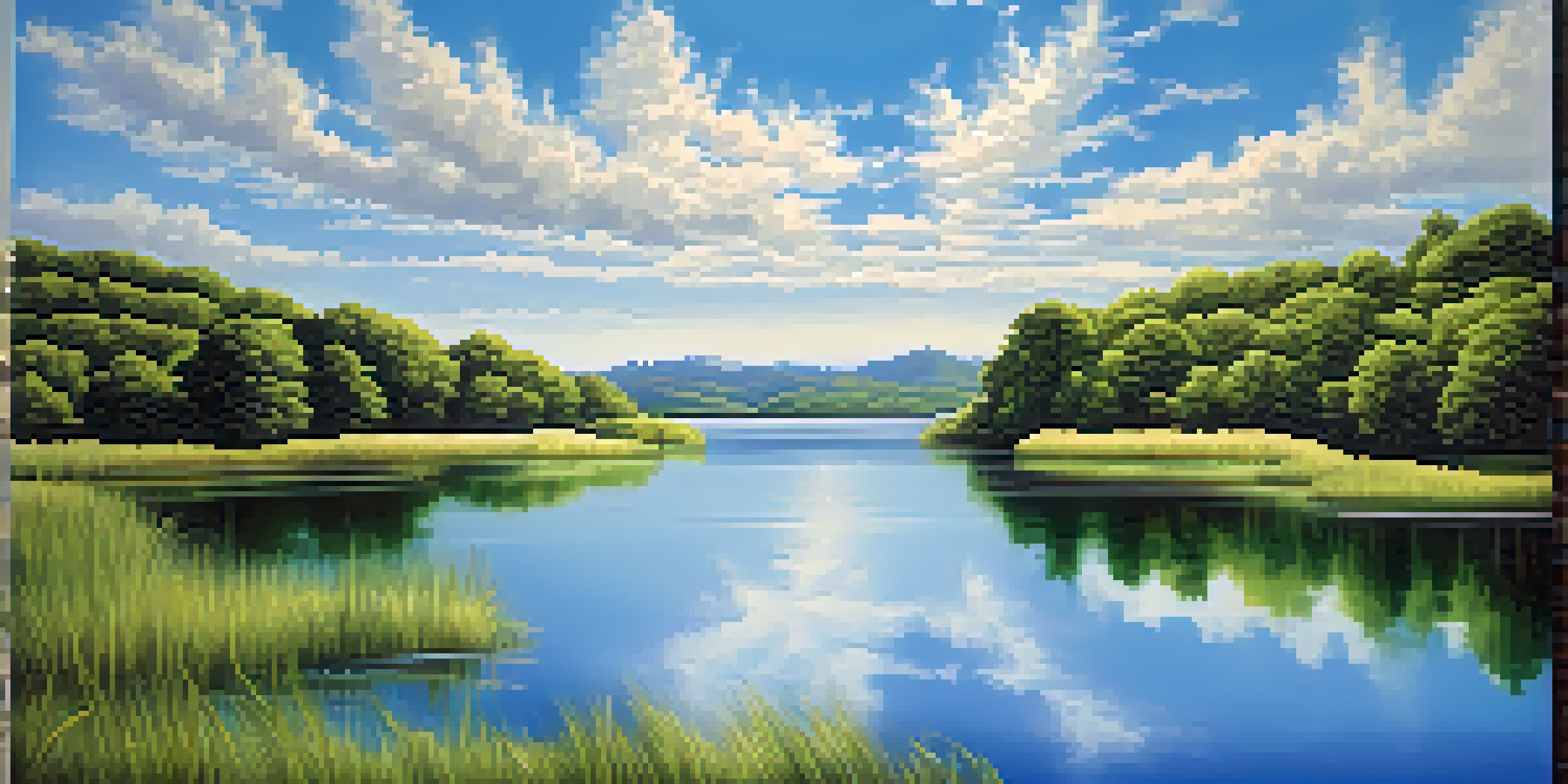 A peaceful lake surrounded by green hills and a blue sky with clouds, reflecting sunlight on the water.