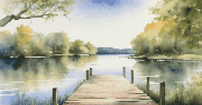 A tranquil lake scene with green trees and a wooden dock under a clear blue sky.