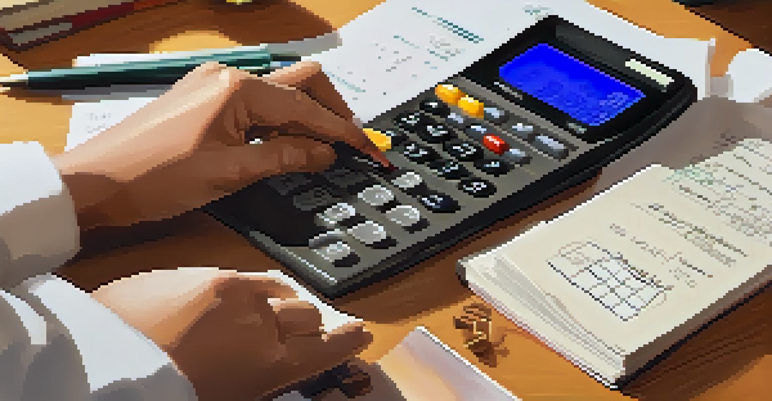 A close-up of hands using a calculator and pen to track expenses in a cozy living room.