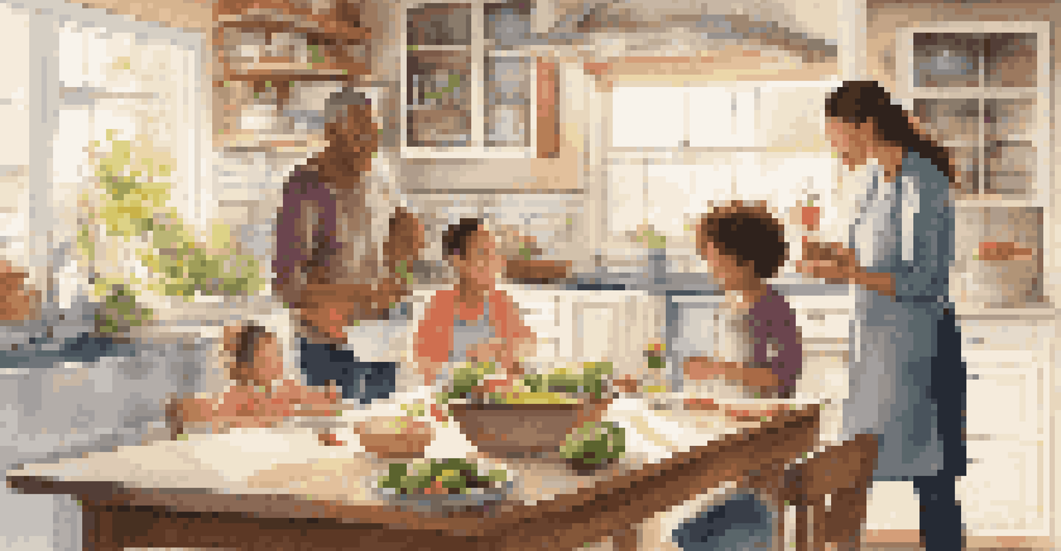 A family in a bright kitchen preparing a meal together while discussing healthy eating choices and a family budget.