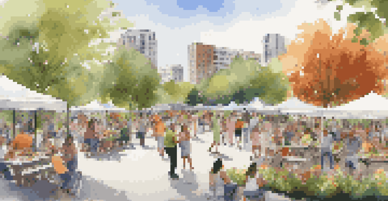 A community event in an urban park with families, food stalls, and modern buildings in the background.