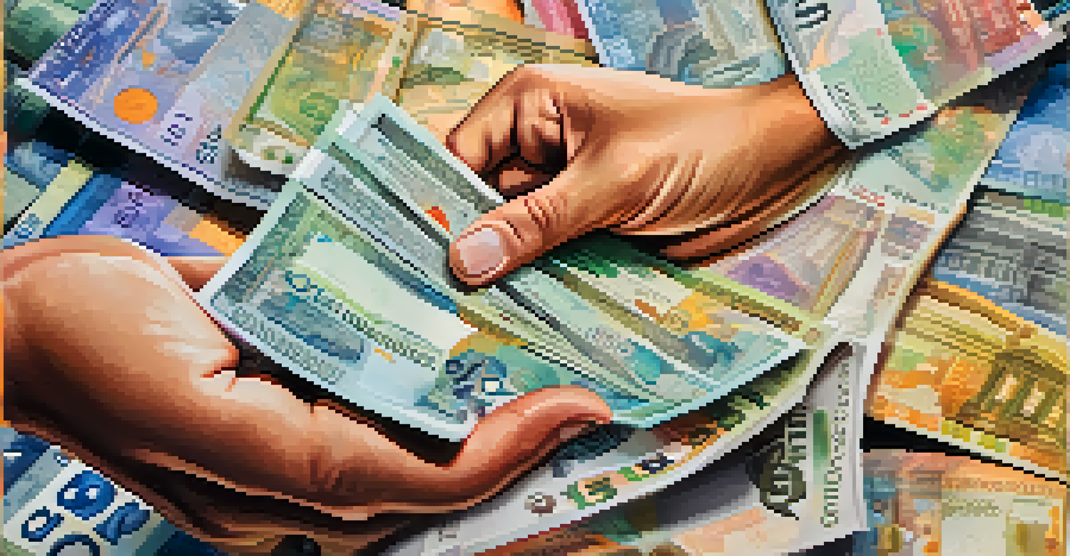 A close-up of a hand holding various world currency notes, with financial graphs in the background.