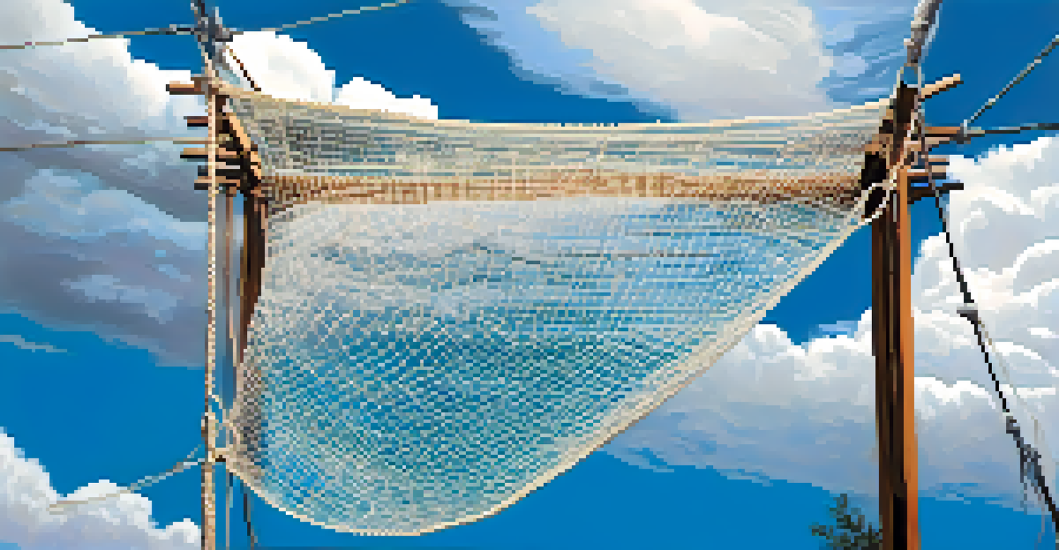 An abstract safety net suspended in the sky, symbolizing financial security, with clouds below and sunlight shining through.