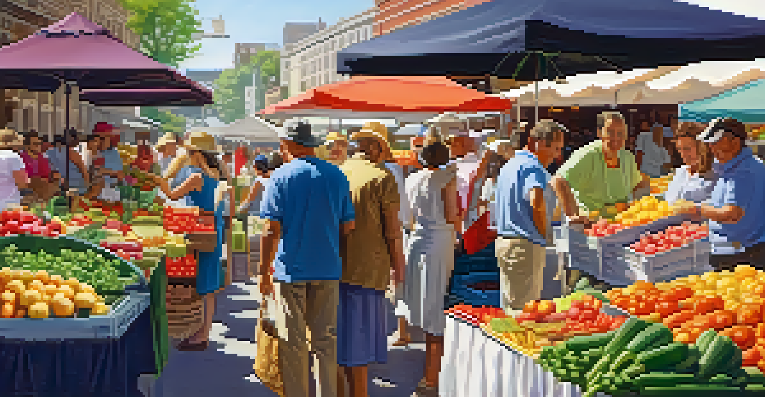 A bustling farmer's market with colorful stalls and people shopping for fresh produce.