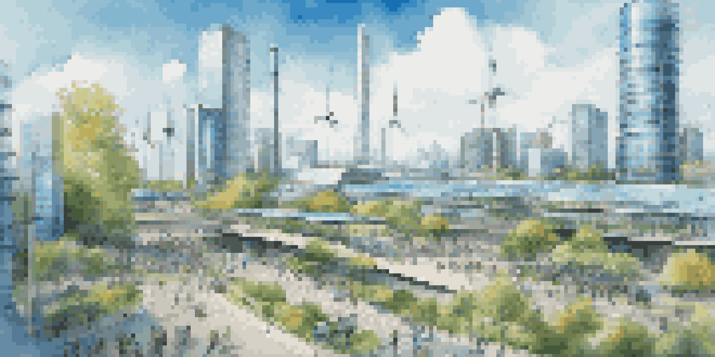 A modern city skyline with solar panels, wind turbines, and digital billboards, showing a sustainable urban environment.